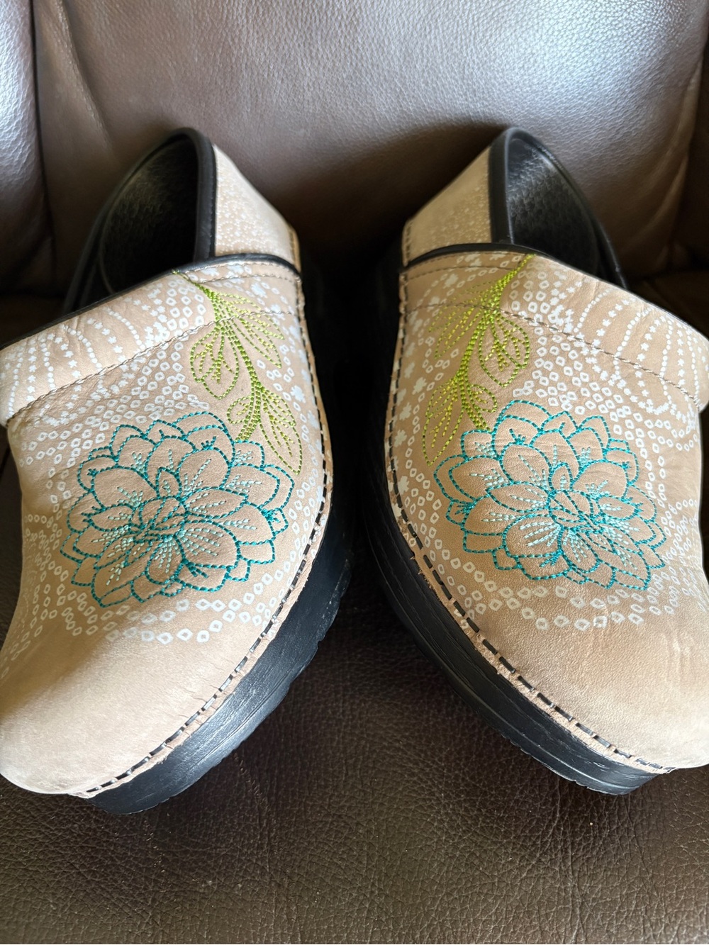 Dansko Beige Floral Embroidered Clogs.
So Much Style and All Day Comfort.